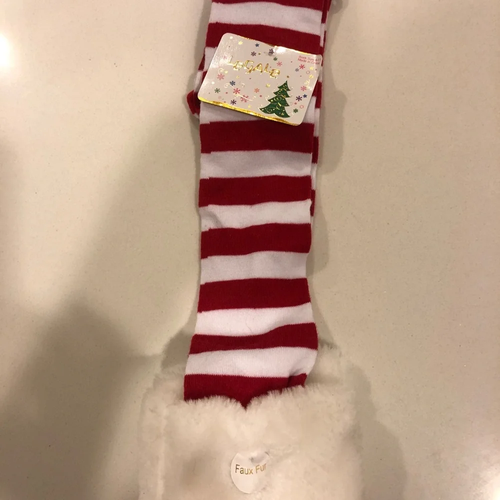 SUPER CUTE!!! Christmas Holiday Red White Striped Socks Faux Fur
